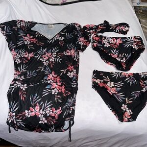 Bar III Black and Pink Floral Swimwear Set